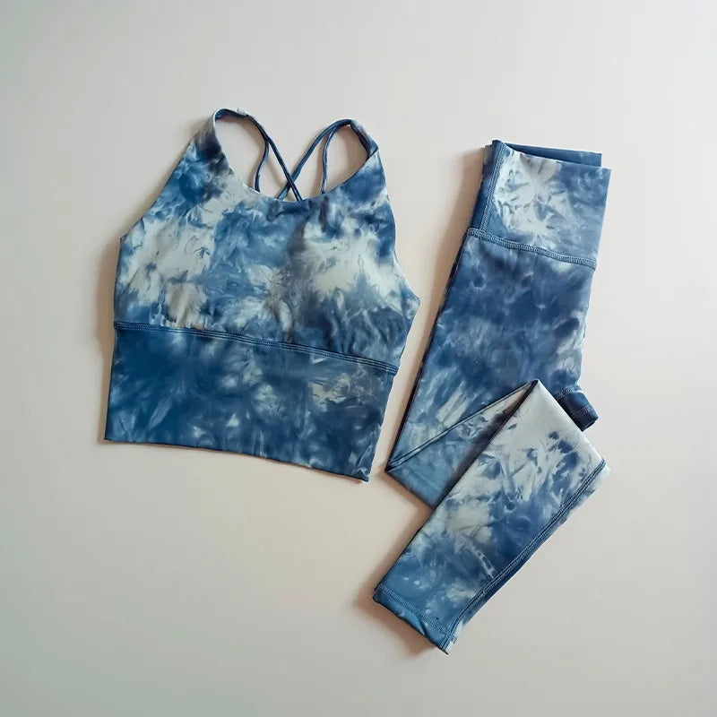 2PCS Seamless Women Yoga Set Workout Sportswear Fitness Crop Top Tie Dye High Waist Leggings Gym Clothing Two Piece Sports Suits Aviola