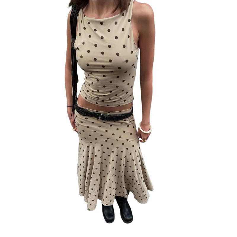 Nibber Polka Dot Print 2-Piece Set Women o-Neck Sleeveless Skinny Tops+Folds Skirts Sweet Temperament Fashion Matching Suits Aviola