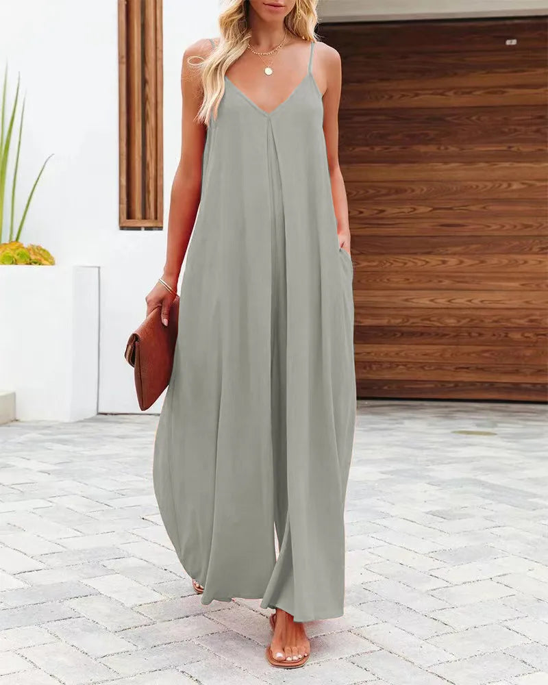 Women Jumpsuits V Neck One Piece Ankle Length Wide Leg Pants Rompers Backless Overalls Solid Pockets Loose Casual Mid Waist Aviola