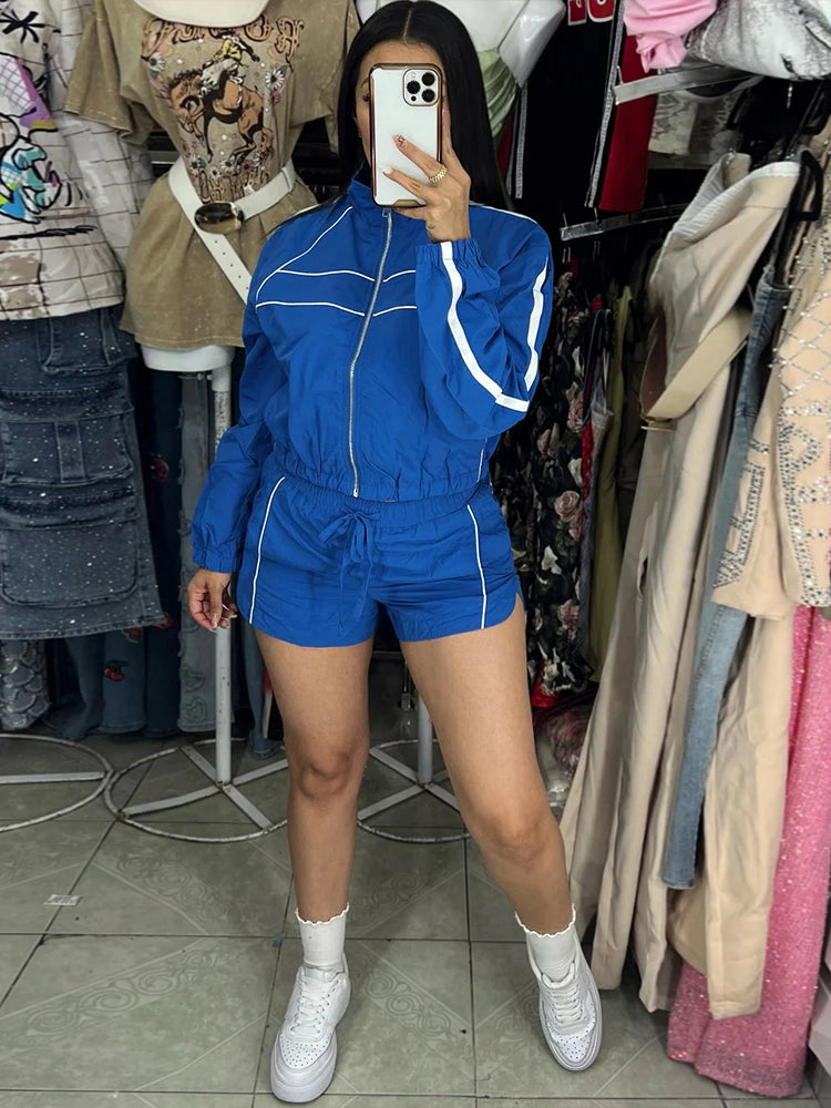 Nibber Fashion Casual Sporty 2 Piece Set Women Zipper Cardigan Polo-Neck Jacket+Drawstring Skinny Shorts Daily Slim Tracksuits Aviola