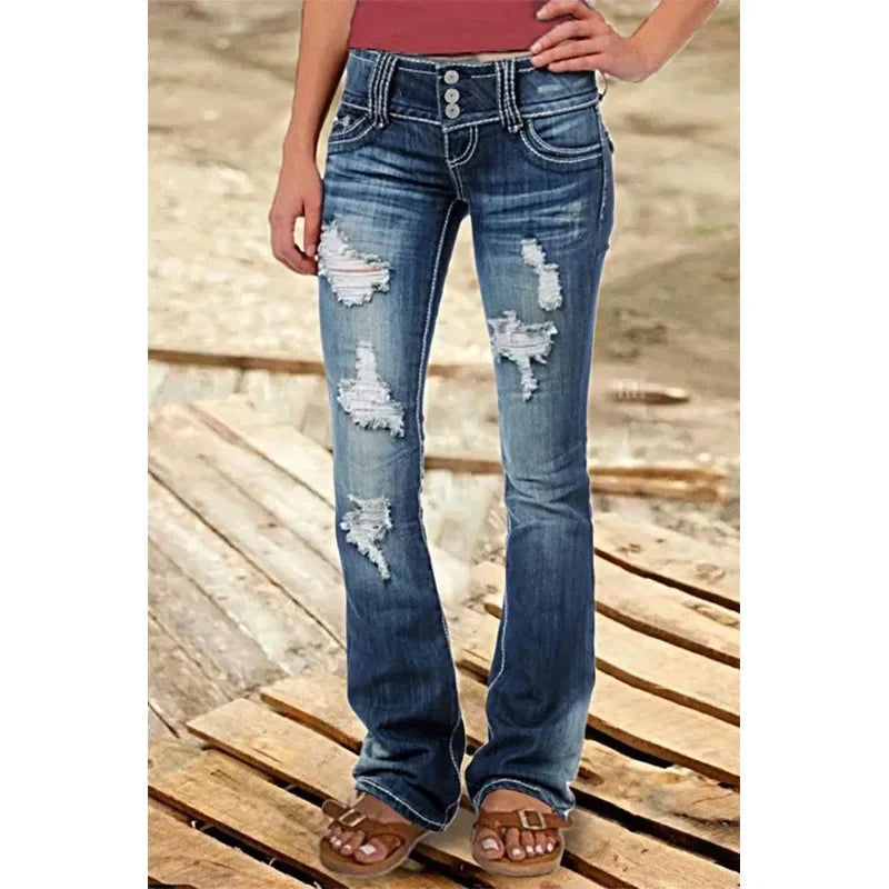 Mid Waist Flared Jeans Women Button Casual Straight Leg Pants New 2023 Summer Pocket Hole Female Loose Office Lady Slim Pants Aviola