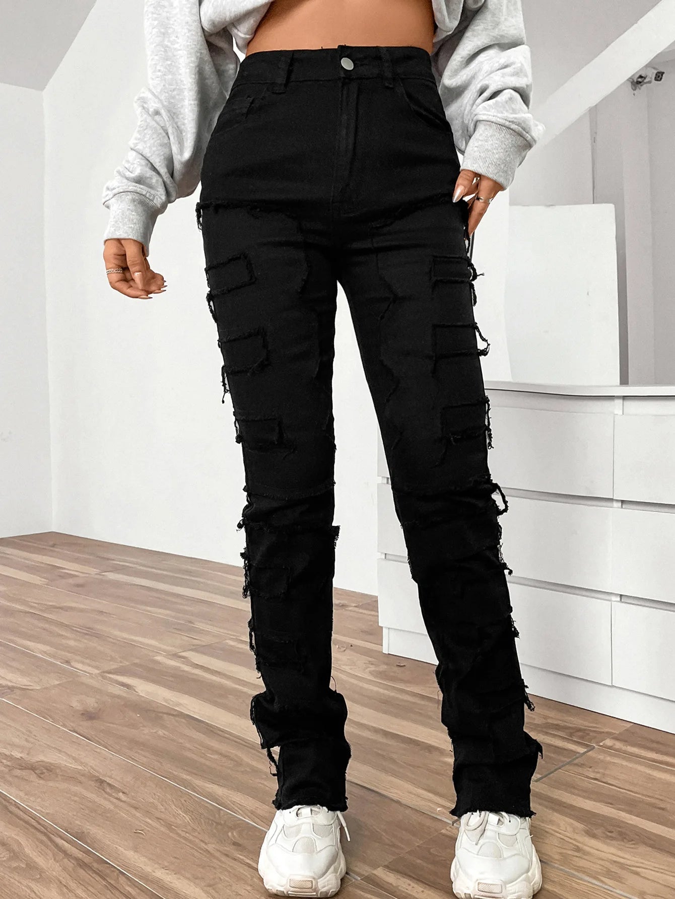 Women Jeans Denim Straight Pants Spliced Patchwork High Street Slim Fit Pockets Mid Waist Washing Zipper Slight Srech 2024 Aviola