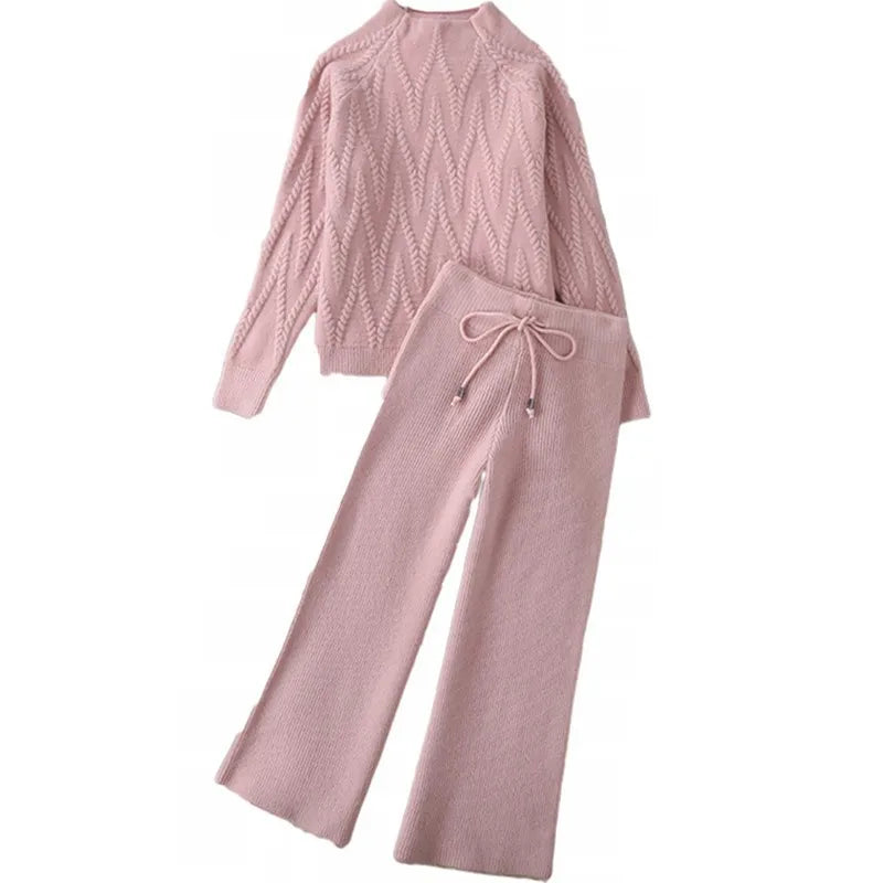 Women Tracksuit Thick Sweater Autumn Winter Knitted Two Piece Set Top+Knitted wide leg Pant Warm Sweater Elastic Trousers Suits Aviola