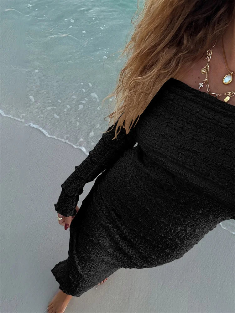 Nibber See Through Vacation Dress Women Jacquard Lapel Slash Neck Backless Full Sleeve Beach Party Elegant Chic Long Bodycon Aviola