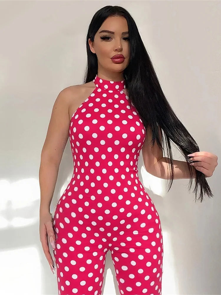 Nibber Bandage Sexy Dot Print Romper Women Y2K Backless Halter Fit Tight Stretch Summer Trend Hipster Activity Workout Playsuits Aviola