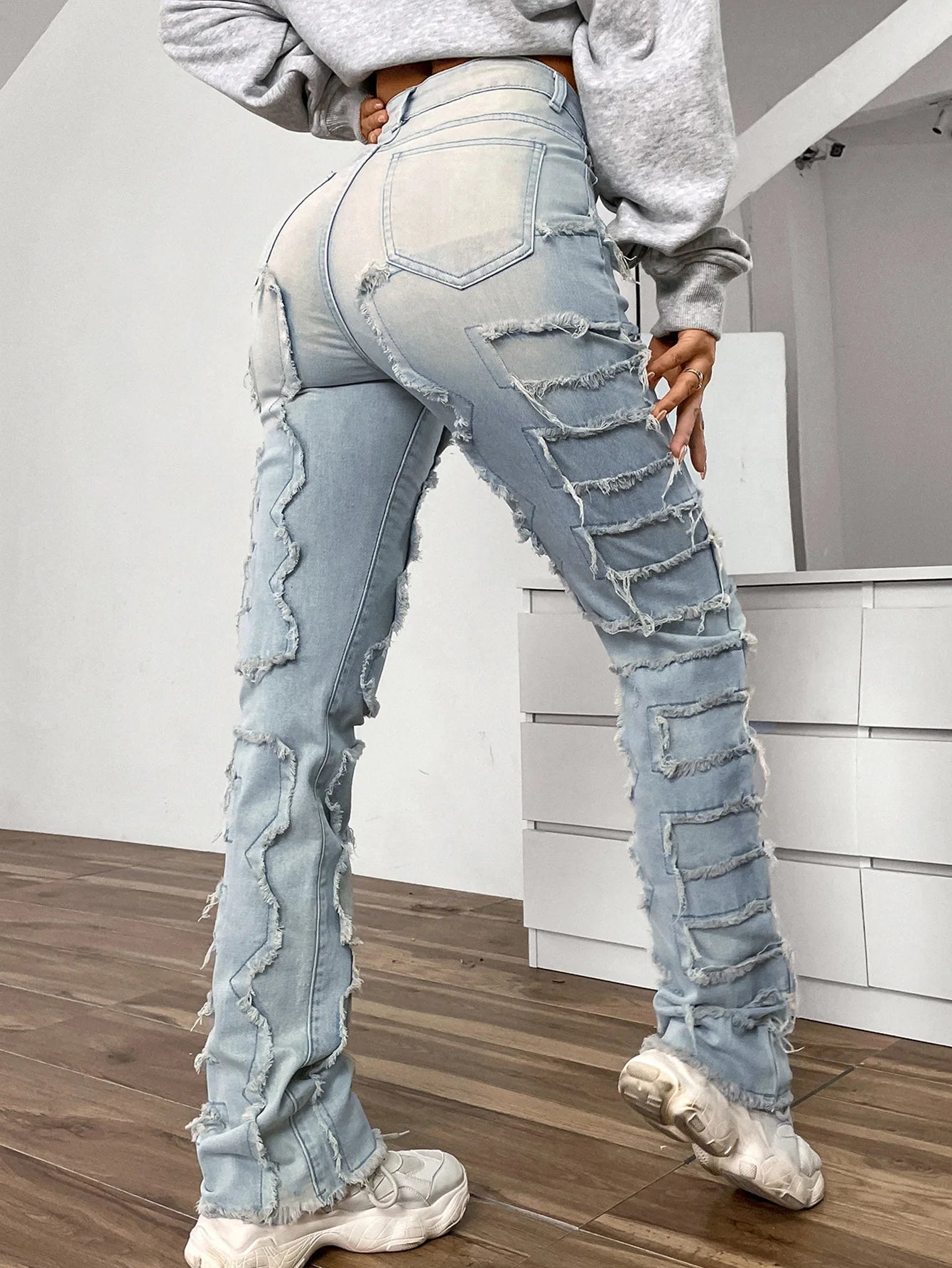 Women Jeans Denim Straight Pants Spliced Patchwork High Street Slim Fit Pockets Mid Waist Washing Zipper Slight Srech 2024 Aviola