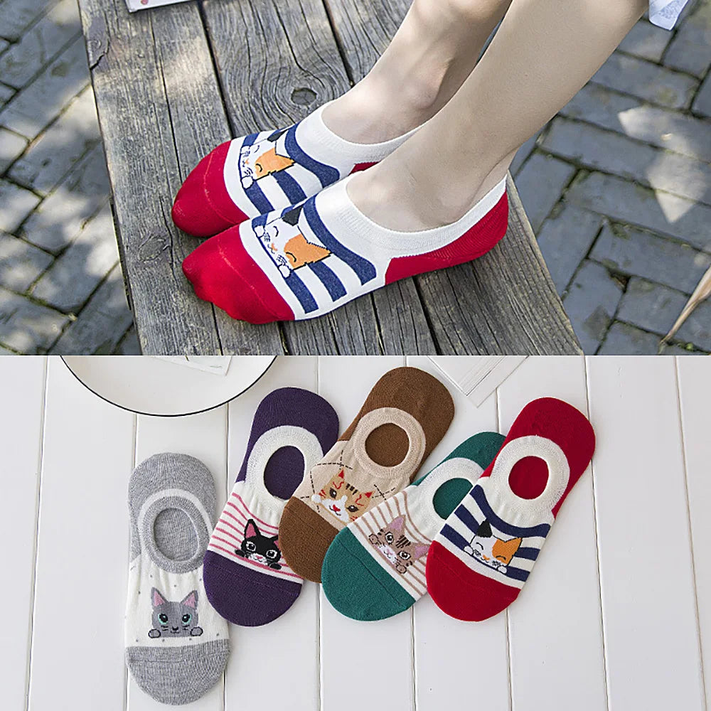 5 Pairs Summer Socks Female Invisible Cotton Cartoon Socks Shallow Ship Socks Aviola