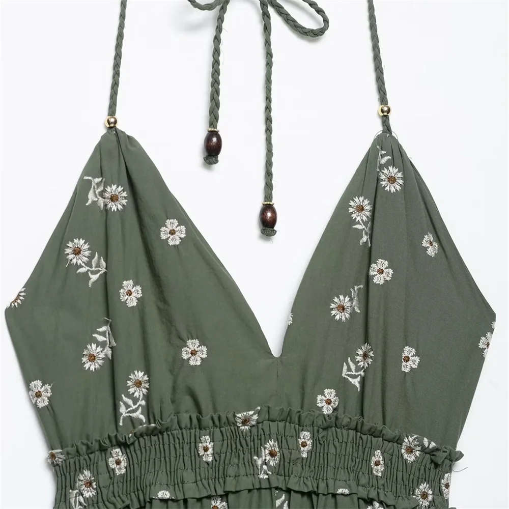 BM&MD&ZA2025embroidery print sling v-neck high waist loose halter neck backless dress summer women's wear Aviola