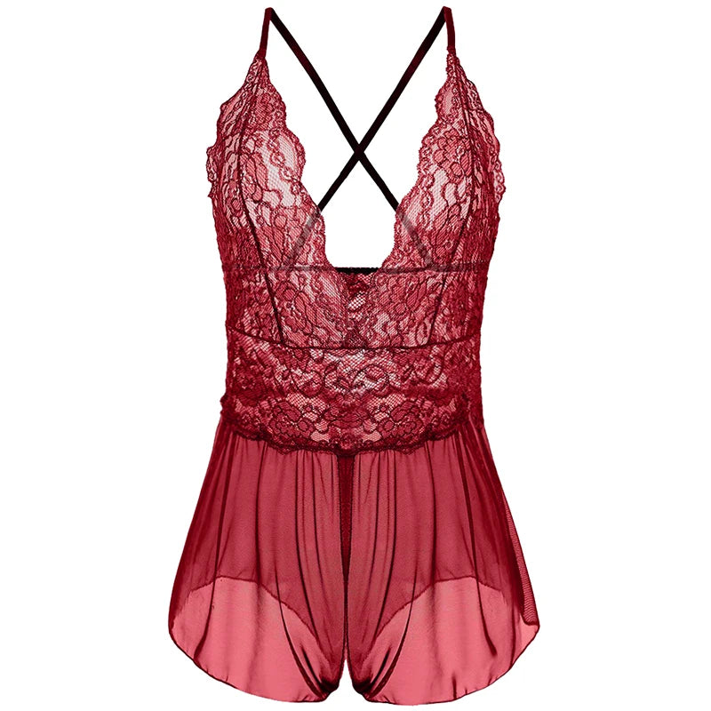 Sexy Crotchless Nightwear Women Lace Floral Transparent Pajamas Set Y2k Costumes Teddy Bodysuits Deep V Neck Erotic Pajama Sets Aviola