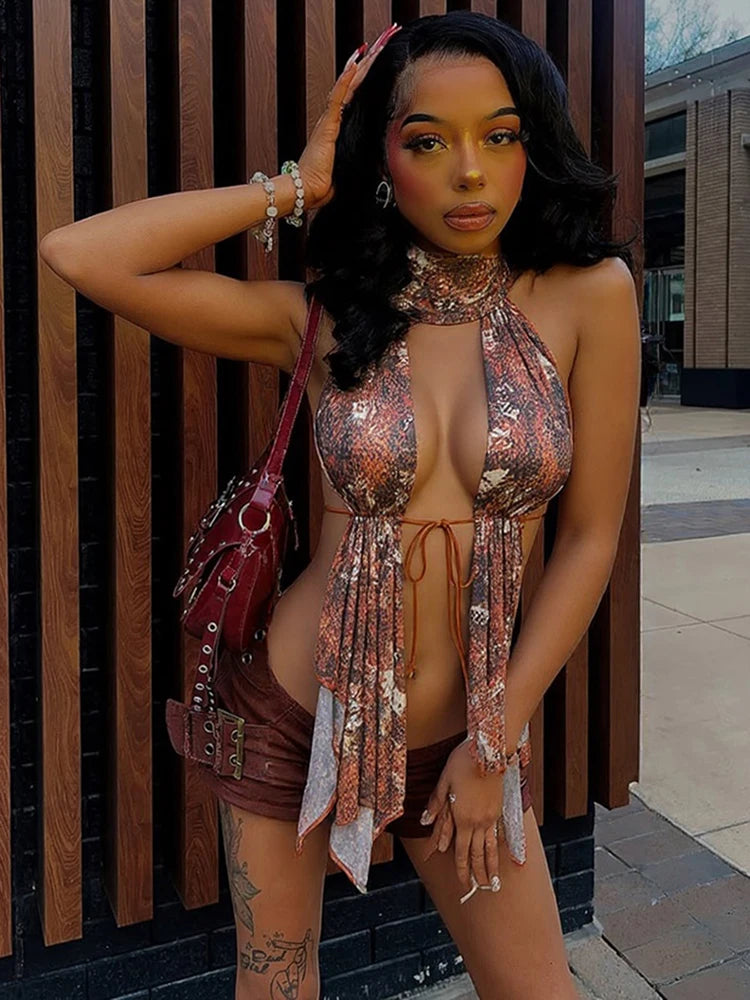 Nibber Leopard Print Backless Camisole Women Y2K Shirring Ruched Halter Sleeveless Elegant Party Summer Trend Sexy Slim Vest Aviola