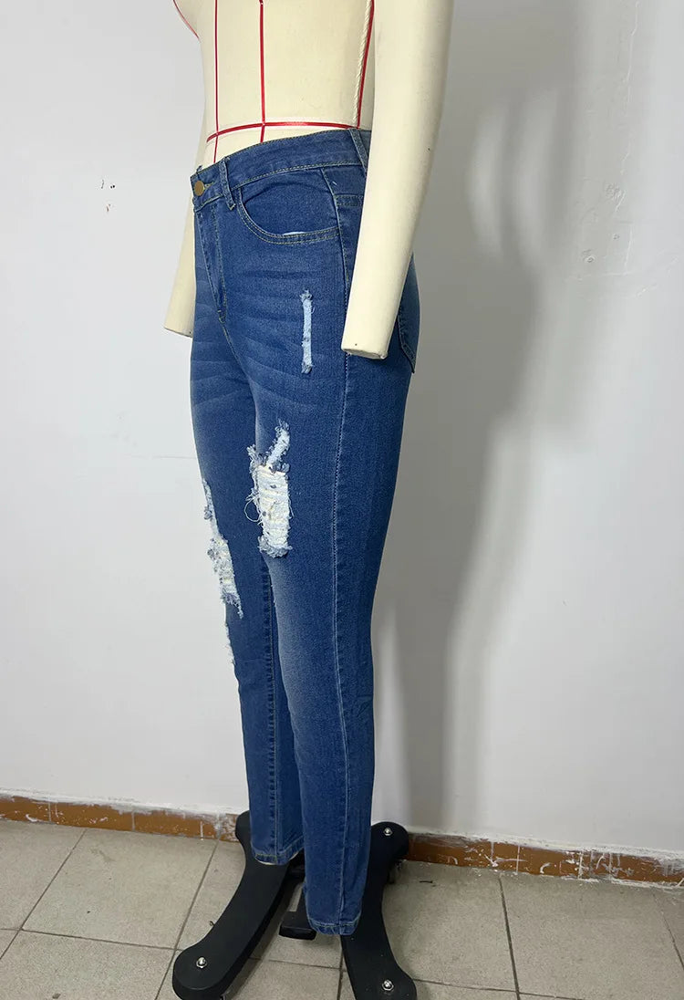 Jeans Women Hole Denim Pencil Pants Ripped Distressed Washed Stretch Mom High Waist Straight Ankle Length Trousers Streetwear Aviola