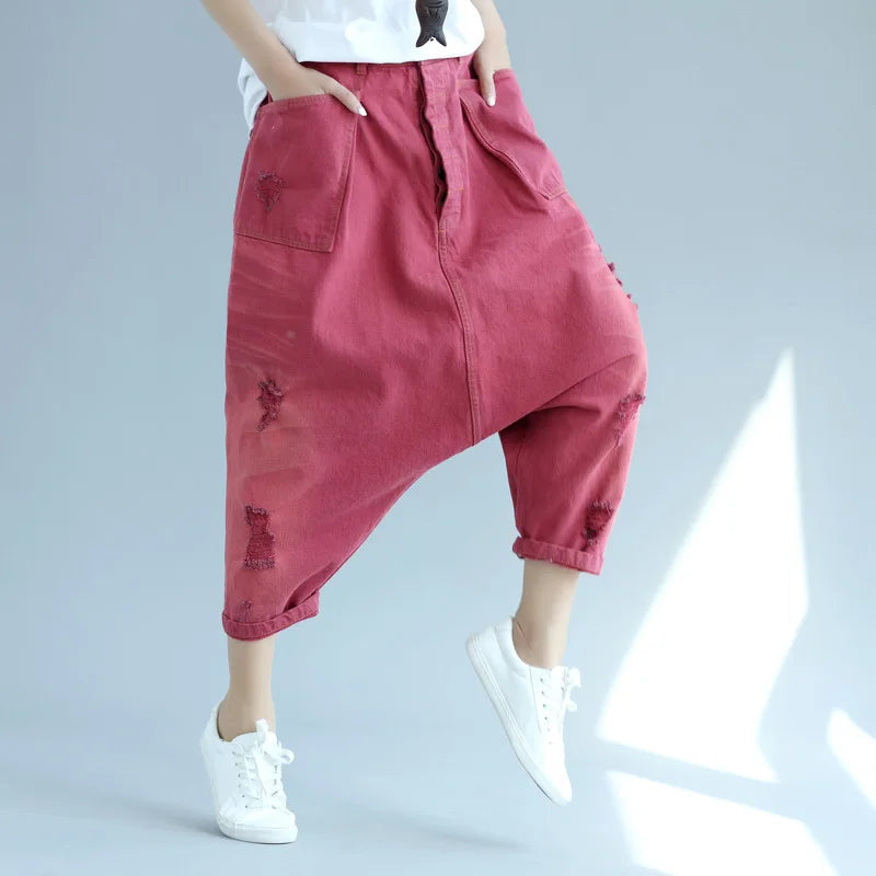 Denim Pant Women Jeans Calf Length Pants High Waist Straight Trousers Y2k Streetwear Elegant Mom Jeans Casual Hole Loose 2025 Aviola