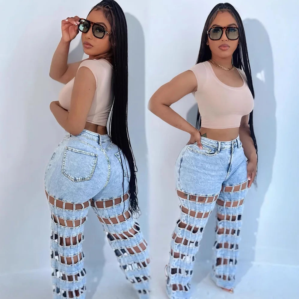 Denim Pant Women Jeans Long Pants Hollow Out High Waist Straight Mom Trousers Y2k Streetwear Elegant Splice Hole Casual Work Aviola