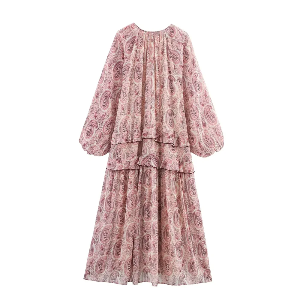BM&MD&ZA2025Temperament Layered Decorative Printing Loose Long Sleeve V-Neck Dress Summer New Arrival Women's Clothing Aviola
