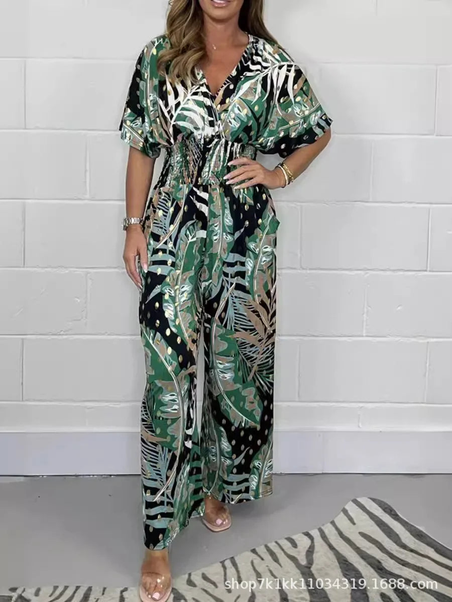 Rompers Women V Neck Jumpsuits Ankle Length Wide Leg Pants Print Pullover One Piece Y2k Streetwear Loose Casual Pockets Aviola