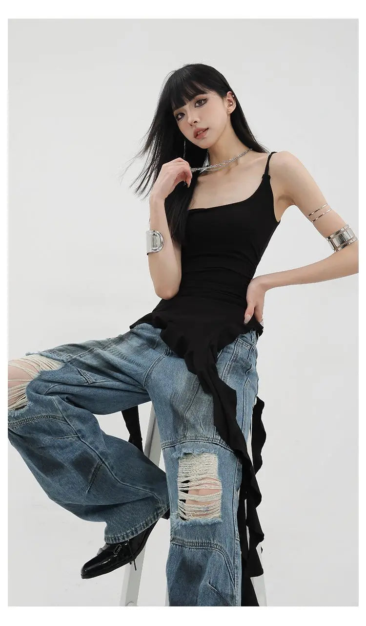MEXZT Y2K Irregular Black Tank Top Women Grunge Aesthetic Sexy Backless Camis Gyaru Streetwear Korean Tees Summer Design Tanks Aviola