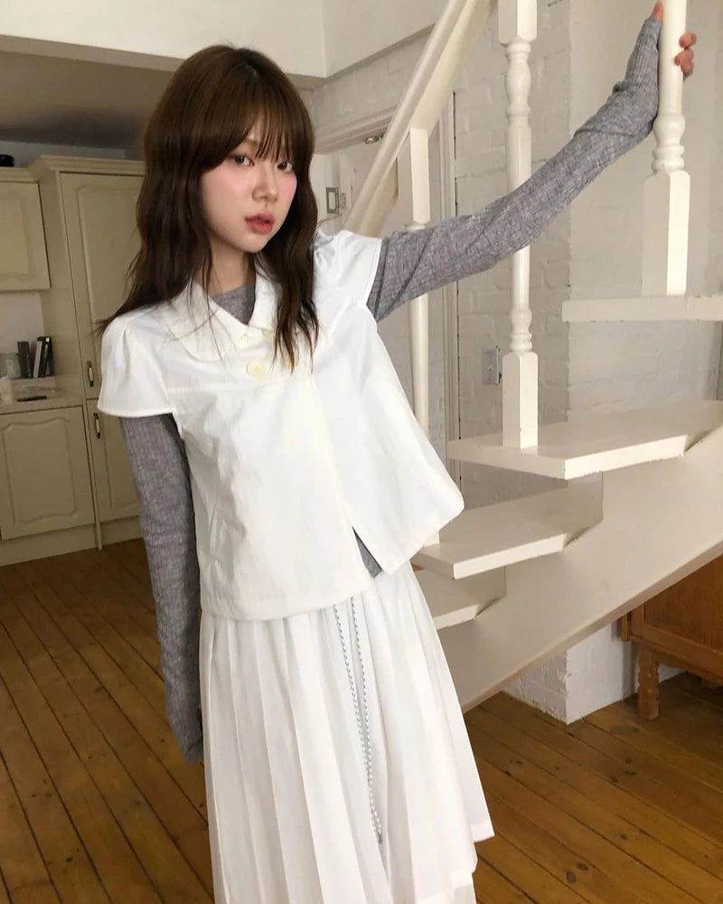 MEXZT Vintage Black Shirts Women Japanese Harajuku White Cropped Puff Short Sleeve Blouses Summer Korean Casual Design Tops New Aviola