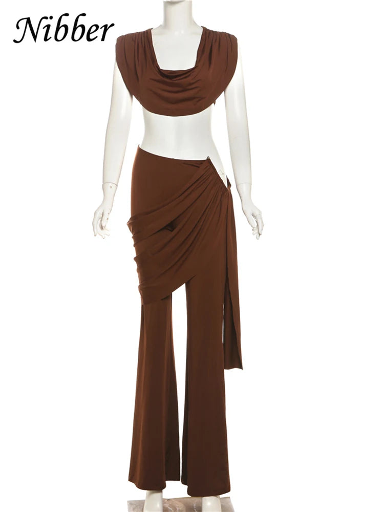 Nibber Pleats Elegant 2 Piece Set Women Sexy Low Neck Sleeveless Crop Tops+Irregular Waist Tassel Straight pants Fashion Suit Aviola
