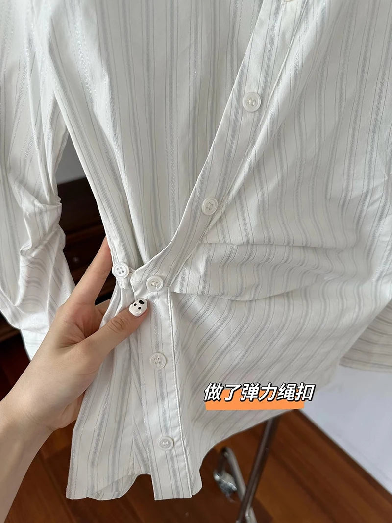 MEXZT Elegant Striped Shirts Women Vintage Irregular Long Sleeve Blouses Office Ladies Korean Chic Buttons Slim Design Tops New Aviola