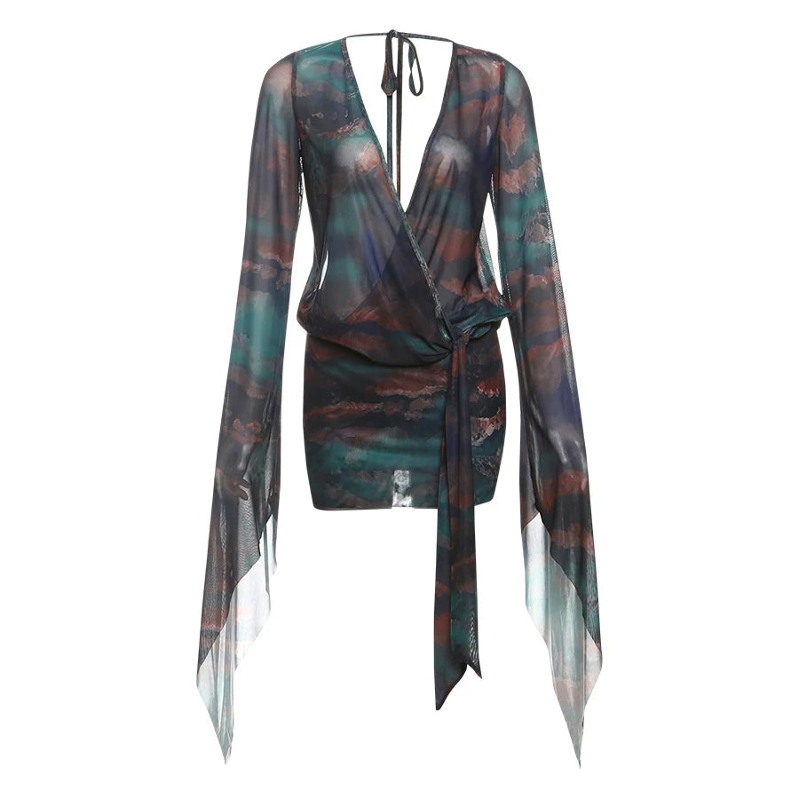 Nibber Sexy See Through Tie-Dye Dress Women Deep V-Neck Lace-Up Backless Loose Full Sleeve Summer Party Coquette Mini Bodycon Aviola