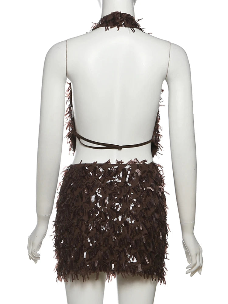 Nibber Slim Sequin Tassels 2 Piece Set Women Sexy Swing Collar Tank Tops+Peach Hip Skits Midnight Summer Birthday Party Clubwear Aviola