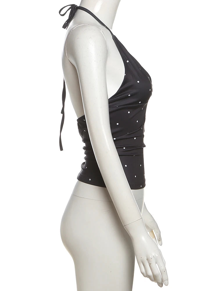 Nibber Polka Dot Print Tops Women v-Neck Halter Lace-Up Backless Sleeveless Skinny Sexy Daily Street Summer Versatile Outfits Aviola