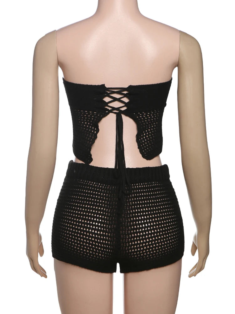Nibber Summer Crochet Women 2 Piece Set Sexy Applique Hollow Beach Back Bandage Strapless Tops+Shorts Midnight Vacation Clubwear Aviola