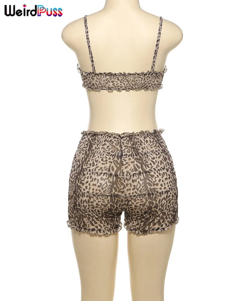 nibber Sexy Leopard Print Women 2 Piece Set Y2K See Through Summer Ruffles Camisole+Shorts Vacation Matching Clubwear Outfits Aviola
