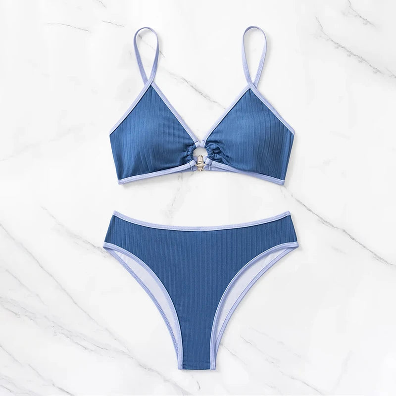 Sexy Solid Bikini 2024 Women Ring Linked Swimsuit Female Low Waist Swimwear Women Beach Micro Thong Bikini Set Bathing Suit Aviola