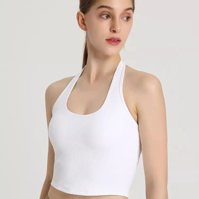 2023 Summer Sexy Sports Bra Rib Sport Top Underwear Women's Running Gathered Bra Hanging Neck Fitness Vest Fixed Padded Yoga Bra Aviola