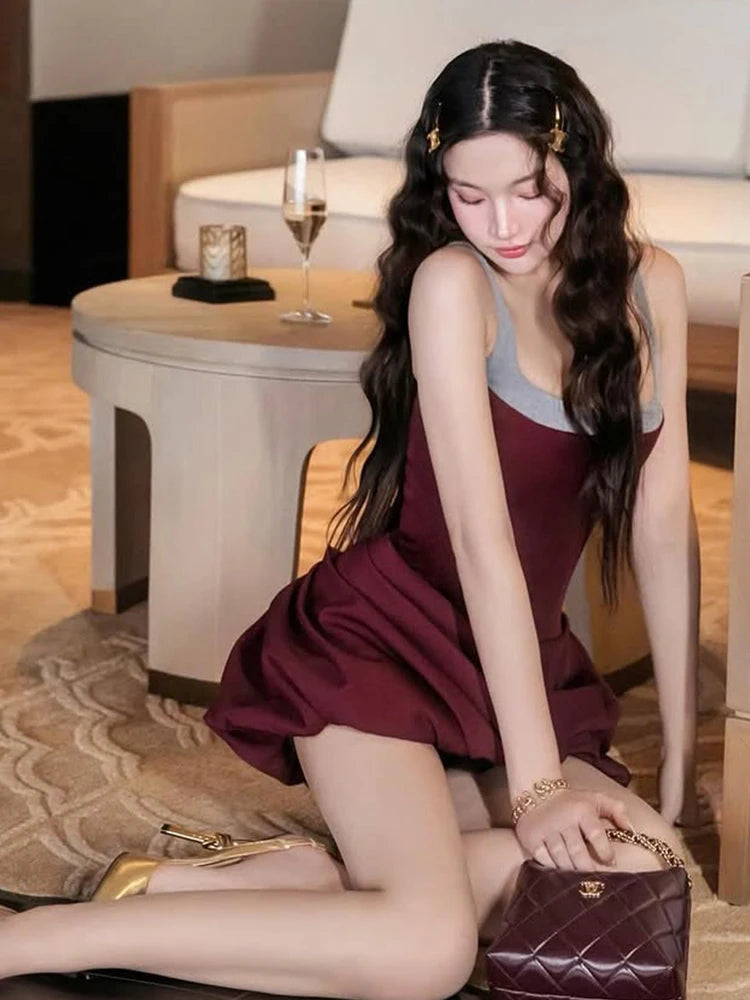 Nibber Backless Dress Women Patchwork Square Collar Sleeveless Ruffles Cross Hem Slim Classic Summer Birthday Party Mini Bodycon Aviola