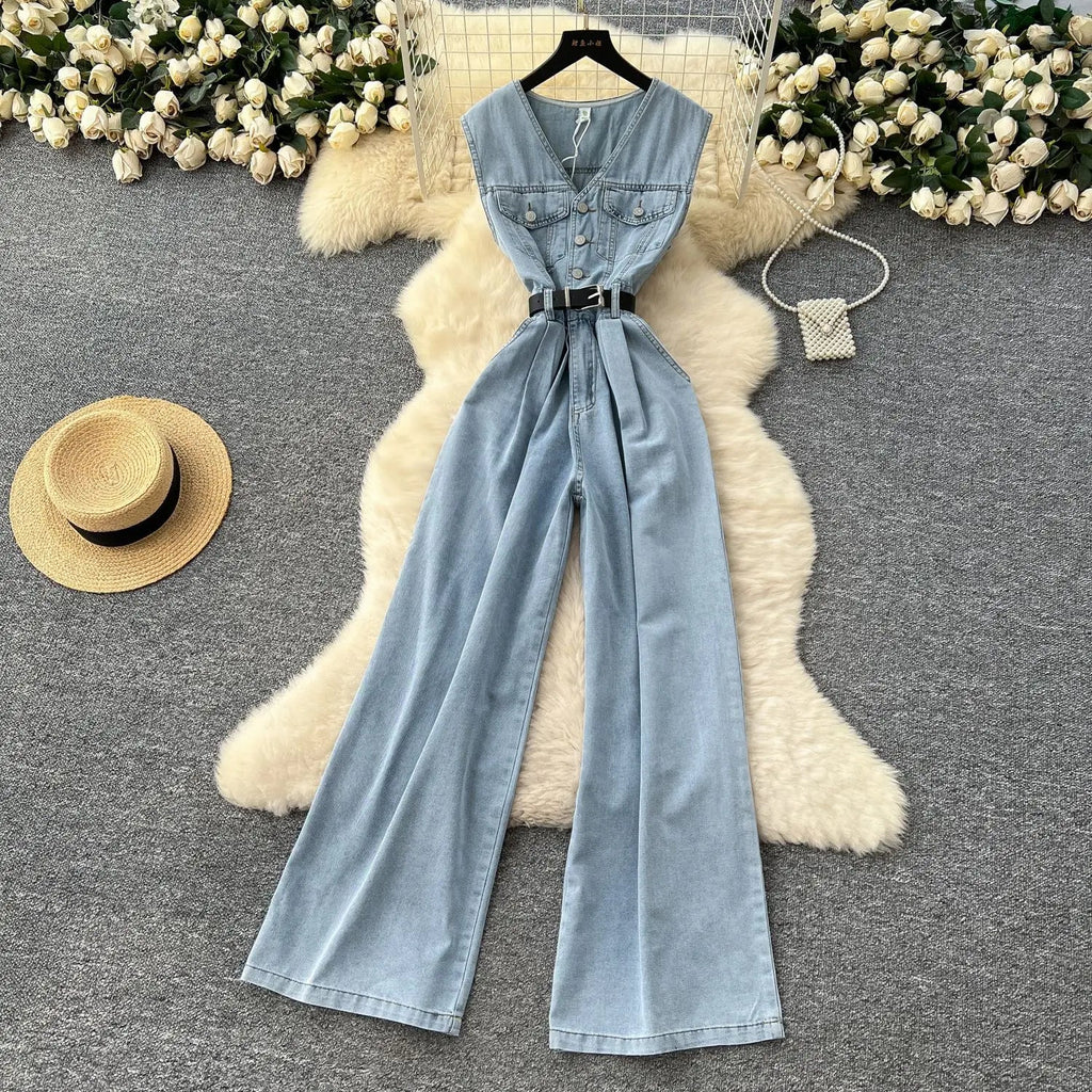 Denim Jumpsuits Women One Piece Wide Leg Pants Washed Distressed Sleeveless Pockets 2025 Streetwear High Waist Jeans Trousers Aviola