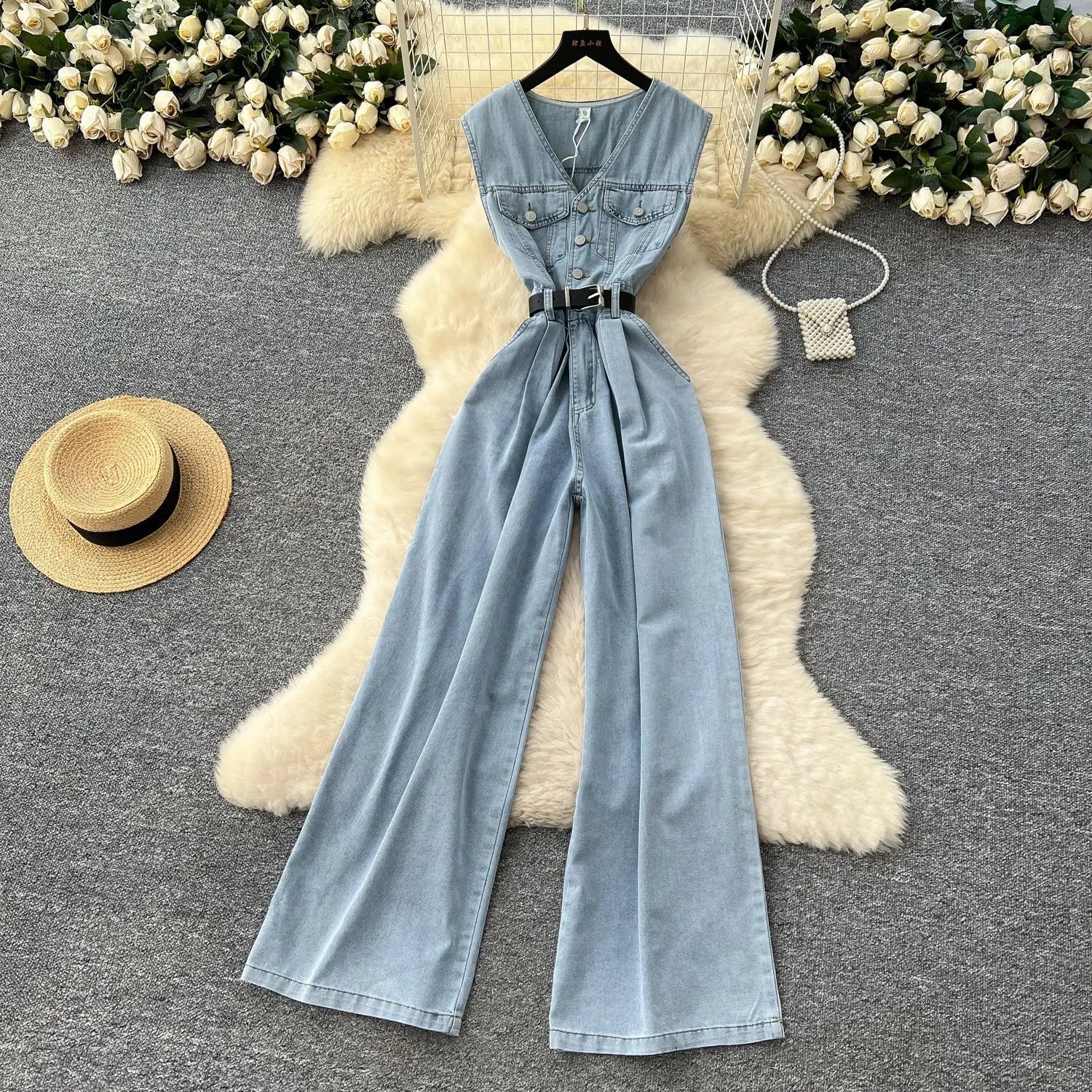 Denim Jumpsuits Women One Piece Wide Leg Pants Washed Distressed Sleeveless Pockets 2025 Streetwear High Waist Jeans Trousers Aviola