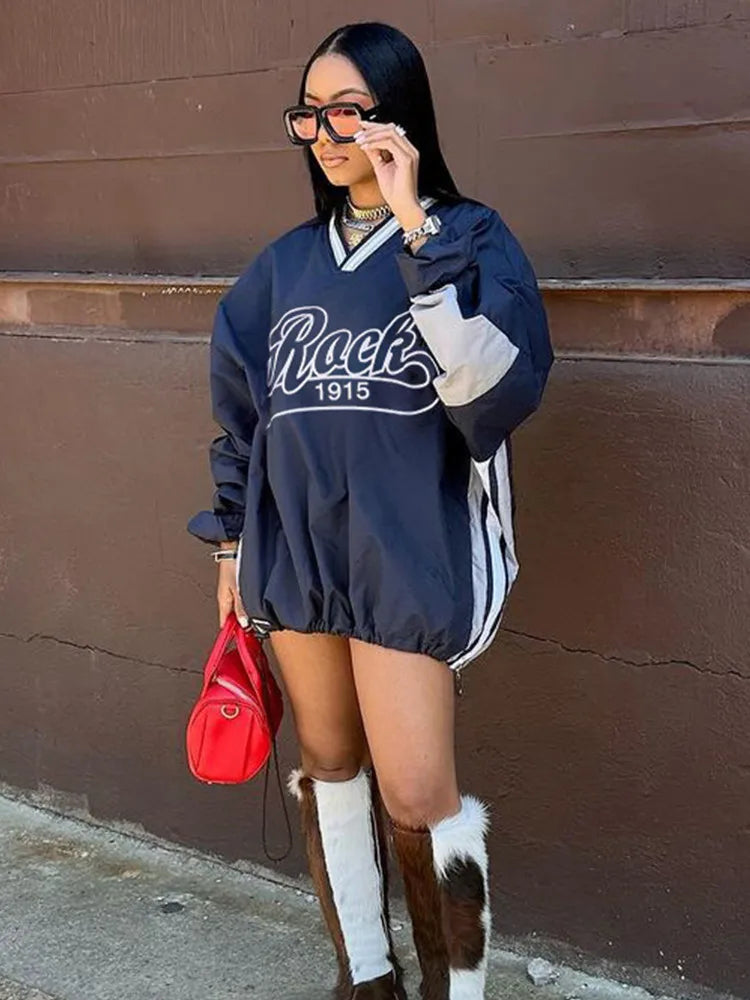 nibber Letter Print Pullover Tops Women Sporty Casual Hipster Long Sleeve Thin V-Neck Lose T-Shirt Wild Streetwear Trend Tees Aviola