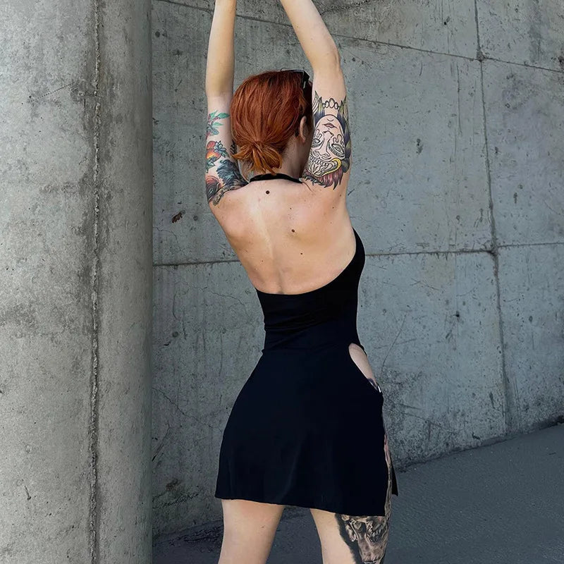 Y2K summer new solid color backless hollow hanging neck sexy spicy girl tight fitting dress Aviola