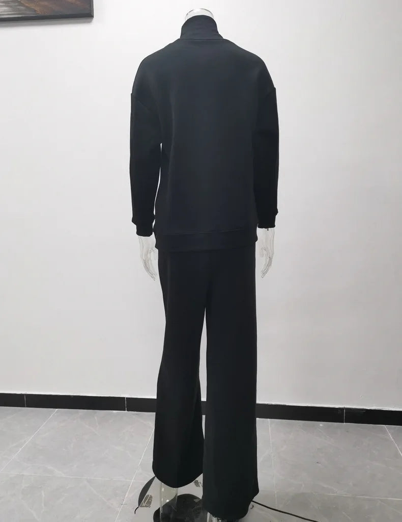 Women Tracksuit Two Pieces Set Long Sleeve Turtleneck Pullover Solid Color Hoodies Wide Leg Pants Drawstring Autumn Casual 2023 Aviola