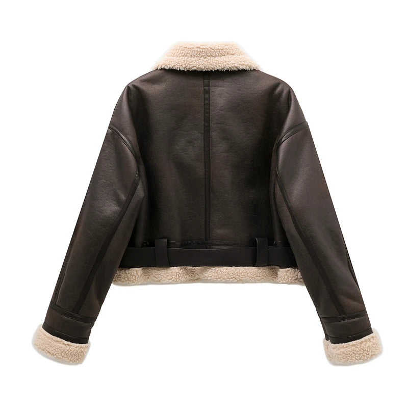 RARF 2024 New Woman's Fashion Thick Warm Faux Shearling Jacket Coat Vintage Long Sleeve Belt Hem Female Outerw Aviola