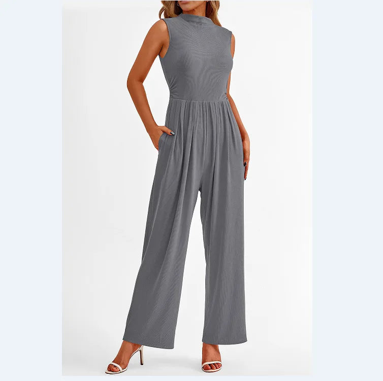 Women Jumpsuits One Piece O Neck Sleeveless Rompers Overalls Solid Wide Leg Pants Pockets High Waist Ankle Length Basics 2025 Aviola