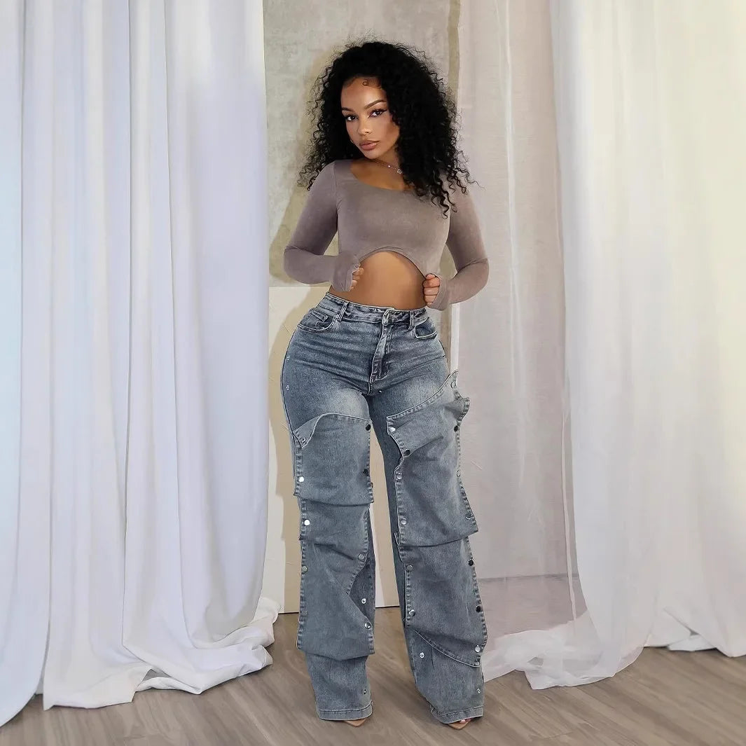 Jeans Denim Pants Women Straight Button Pockets High Waist Mom Floor Length Washed Distressed Strech Trousers 2025 Streetwear Aviola
