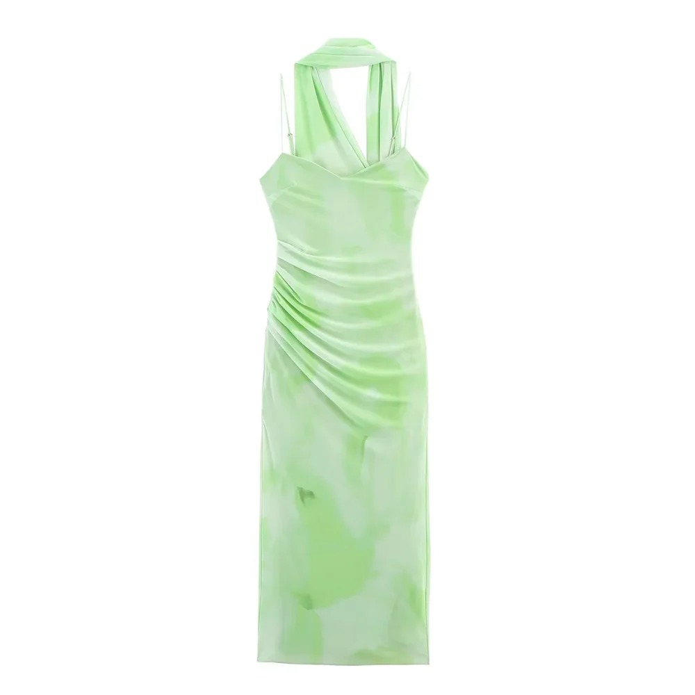 BM&MD&ZA2025V-neck pleated suspender dress summer new women's clothing seaside holiday style temperament slim long skirt Aviola