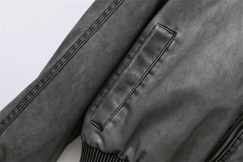 RARF 2024 Women's Wash gray new do old wash Effect Bomber Jacket Thread stand collar long sleeve PU women's coat top Aviola