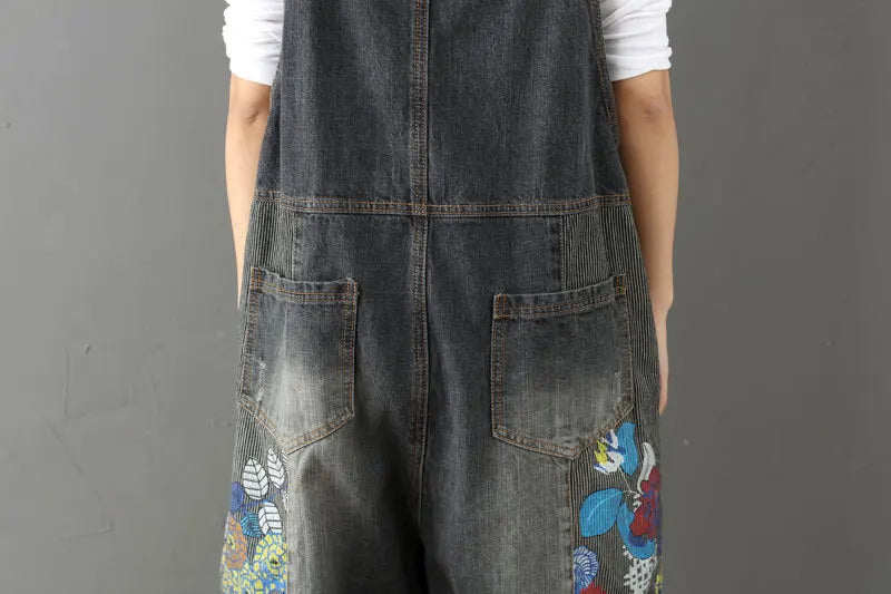 Overalls Women Suspenders Sling Jumpsuits Denim One Piece Wide Leg Long Pants High Waist Rompers Y2k Streetwear Print Floral Aviola