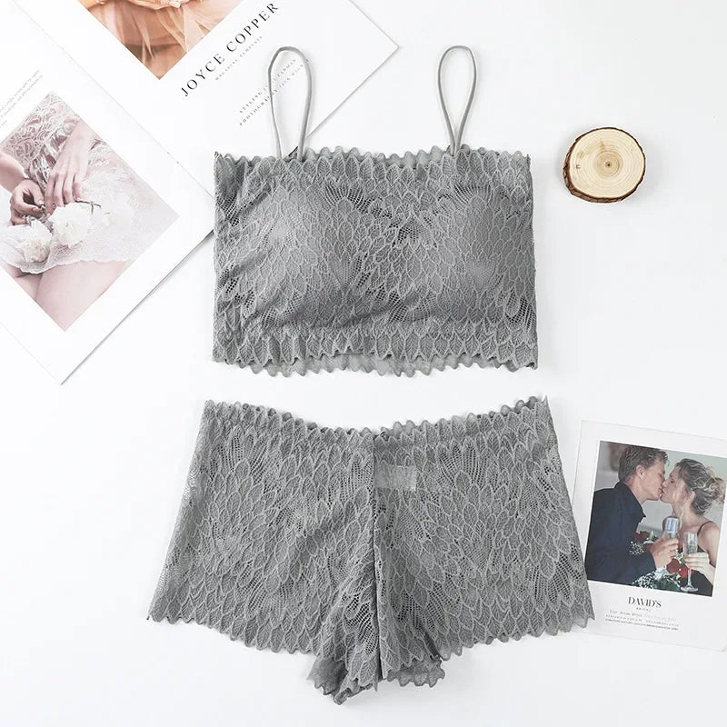 Women Lace Tube Bra and Panty Set Wireless Underwear Summer Padded Bralette Female Sexy Lingerie Low Rise Briefs Aviola