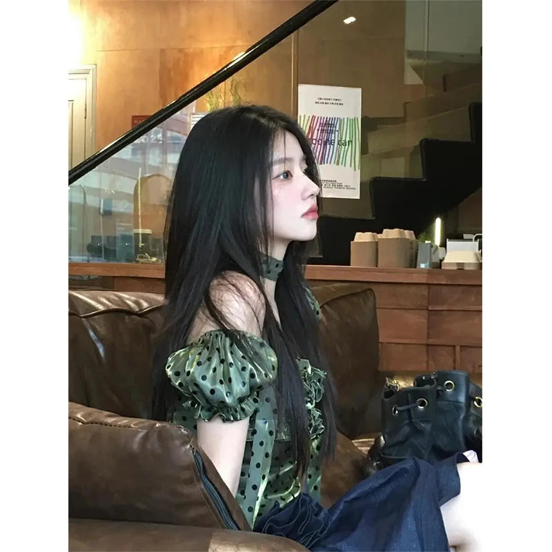 MEXZT Vintage Polka Dots Shirts Women Elegant Cropped Puff Short Sleeve Blouses Summer Korean Square Collar Slim Design Tops New Aviola