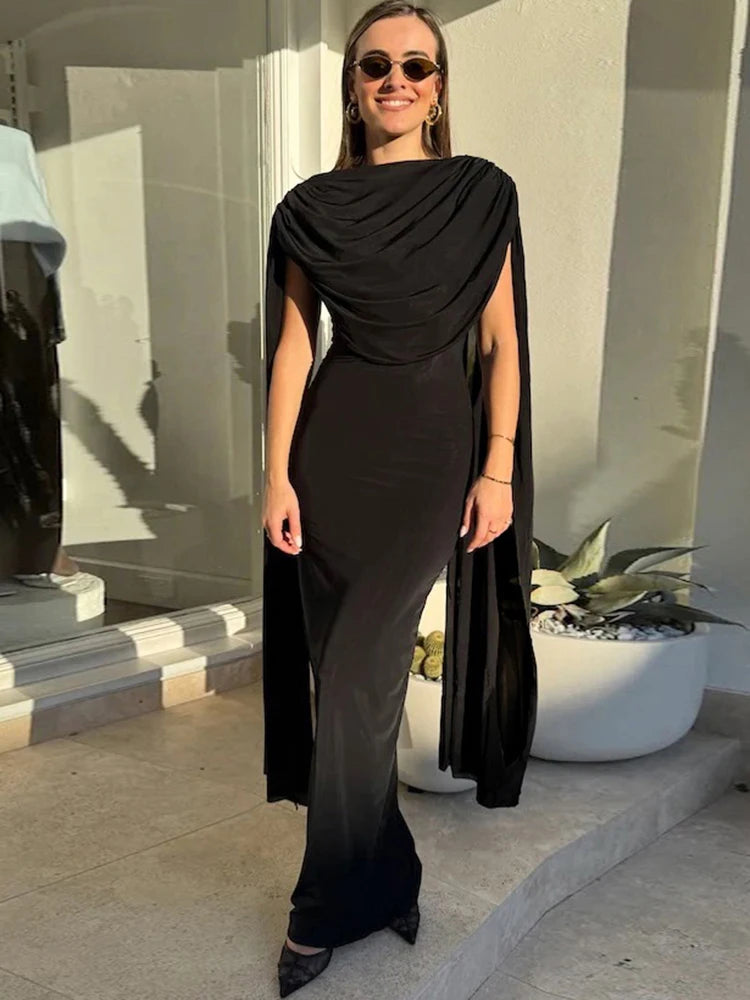 Nibber Backless Maxi Dress Women Folds Tassel Sleeveless Skinny Solid High Stretch Elegant Banquet  Birthday Party Long Bodycon Aviola