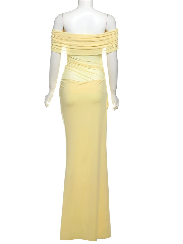 Nibber Ruched Irregular Dress Women Mesh Patchwork Slash Neck Short Sleeve Skinny Stretch Trend Elegant Long Bodycon Outfits Aviola