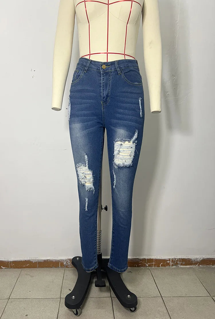 Jeans Women Hole Denim Pencil Pants Ripped Distressed Washed Stretch Mom High Waist Straight Ankle Length Trousers Streetwear Aviola