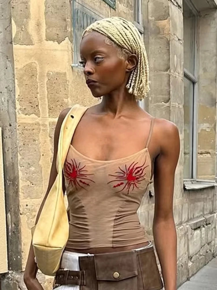 Nibber See through Women Camisole Sun Print Y2K Summer Fashion Low-Neck Coquette Midnight Party Club Wild Basic Street Slim Tees Aviola