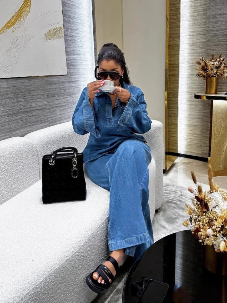 Denim Pant Set Women Two Piece Sets Turn Down Collar Mom Jeans Shirt Tops Wide Leg Long Pants Straight Trousers Y2k Streetwear Aviola