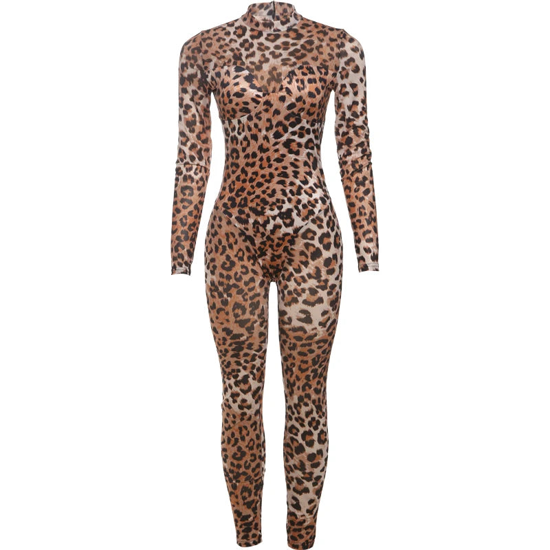 Nibber See Through Leopard Print Jumpsuit Women Sexy midnight full sleeve Hipster Fit Street Clubwear Party Workout Overalls Aviola